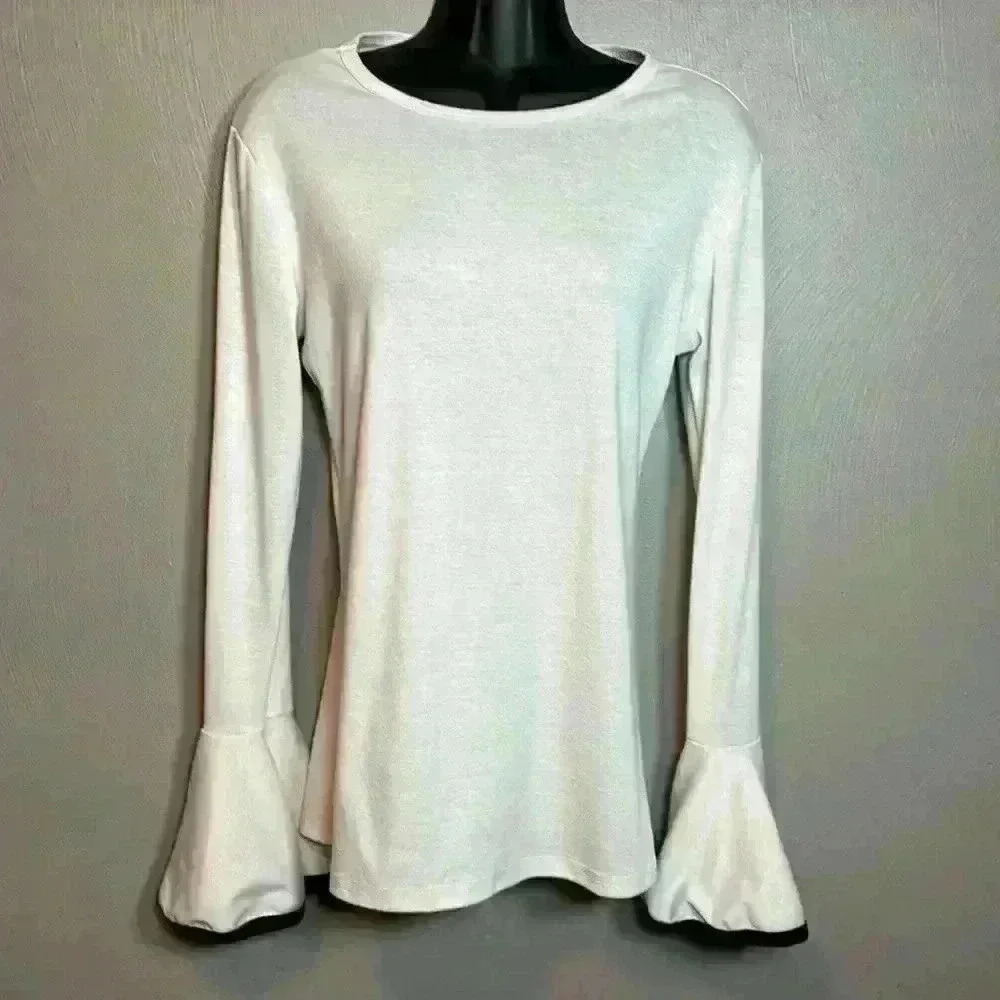 Qearal Women's Top Shirt Flare Long Sleeve White‎ Black Size Medium